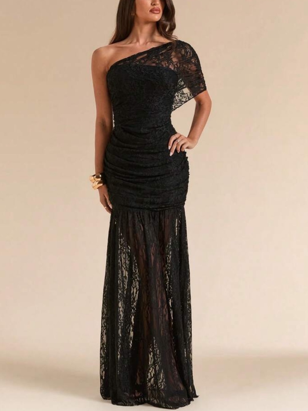 One-Shoulder Black Lace Evening Gown - Picture 1 of 7